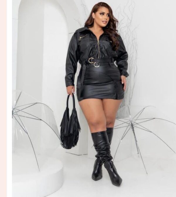 Jaqueta short saia tecido em couro P.u Plus Size