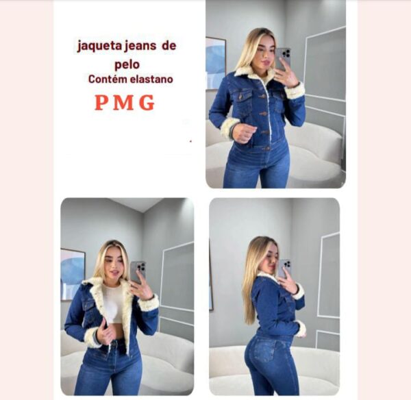 Jaqueta jeans estilosa com pelo fake na maga e por dentro