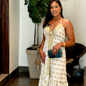 Vestido Longo Estampado Decote V na Frente e Nas Costas