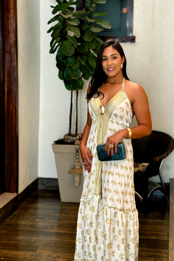 Vestido Longo Estampado Decote V na Frente e Nas Costas