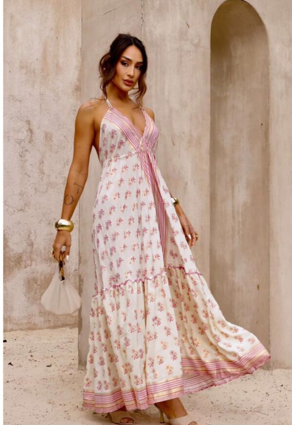 Vestido Longo Estampado Decote V na Frente e Nas Costas - Imagem 4